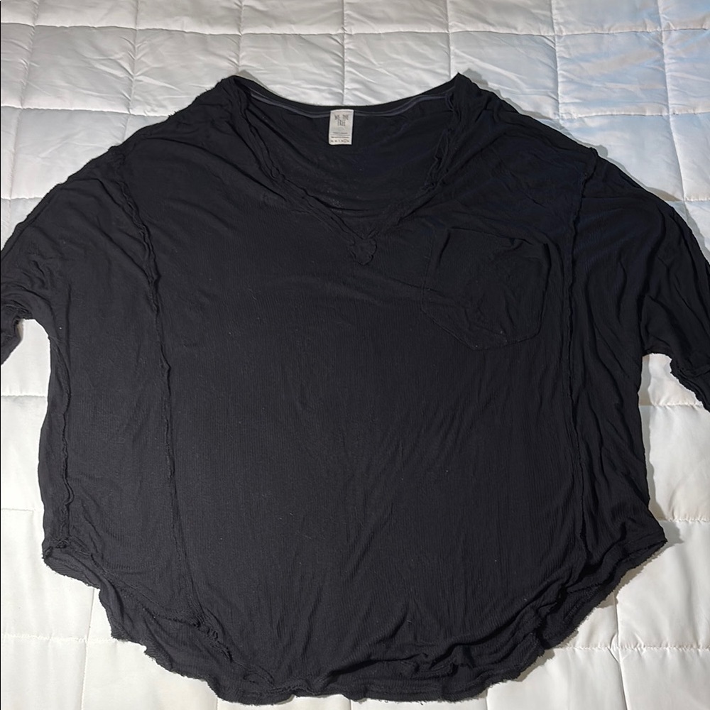 Free People We The Free V-Neck Black Ribbed Raw Hemmed Top